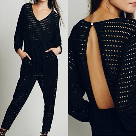 Free People Beach Black Crochet Cover Up Jumpsuit Womens Size S - Picture 1 of 6